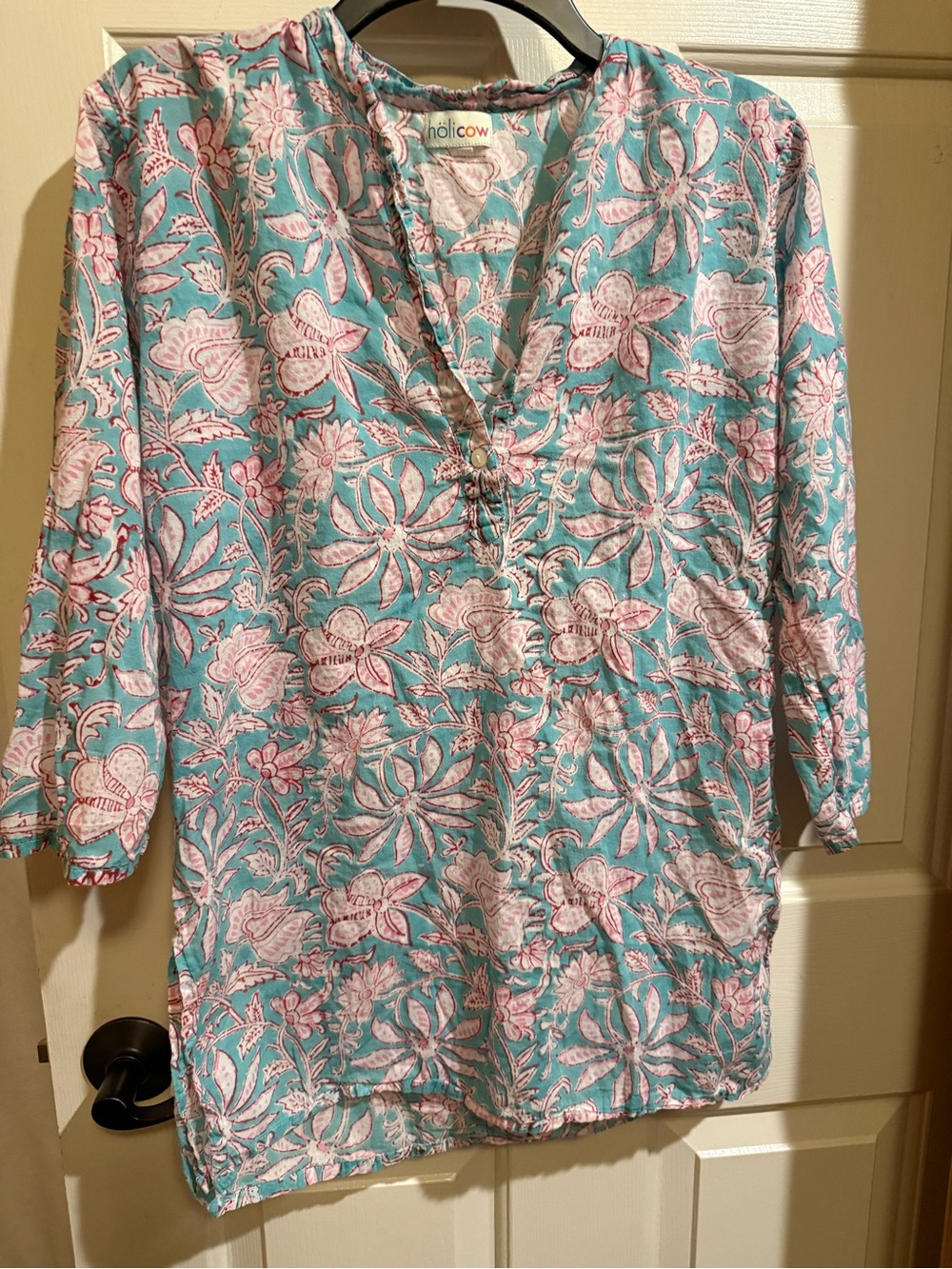 Teal & Pink Floral V-Neck Tunic